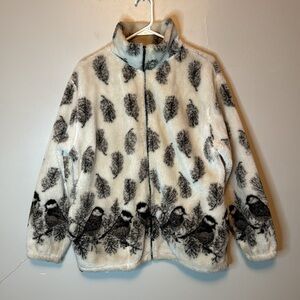 Black Mountain Birds Leaves Full Zip Up Fleece White Black Size M Made in USA